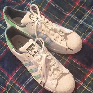 Adidas White Sneakers with Green and Blue Stripes